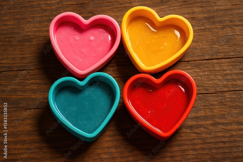Obraz premium Four colorful heart shaped silicone molds filled with liquid on a rustic wooden table