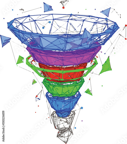 Create a kinds of deferent Funnel low poly wireframe Abstract mash line and point origami. Big data or sales funnel concept with geometry triangle. Vector art with white background.