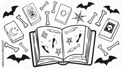 Open spellbook surrounded by bats bones and other spellbooks in a black and white illustration