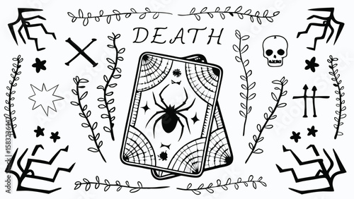 Death tarot card with spider web and spider surrounded by spooky halloween elements in black and white
