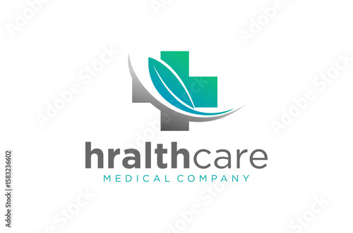 Modern healthcare logo design featuring a cross and leaf. Represents health, wellness, and medical services.