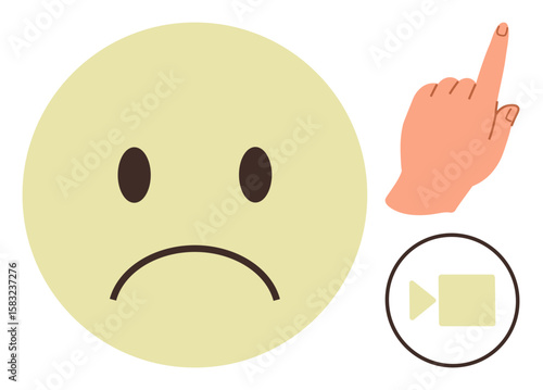 Sad emotion with a downturned mouth, pointing finger hand, and a video playback icon. Ideal for feedback, emotion, interaction, media, technology social issues communication. Simple flat metaphor