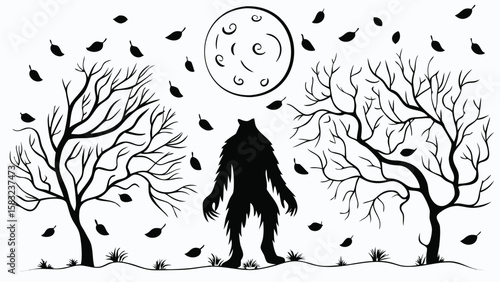 Silhouette of a werewolf standing between trees under a swirling moon with falling leaves art
