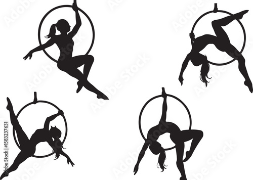 Aerial hoop artistry—four acrobatic silhouettes suspended midair, showcasing flexibility, strength, and graceful balance.