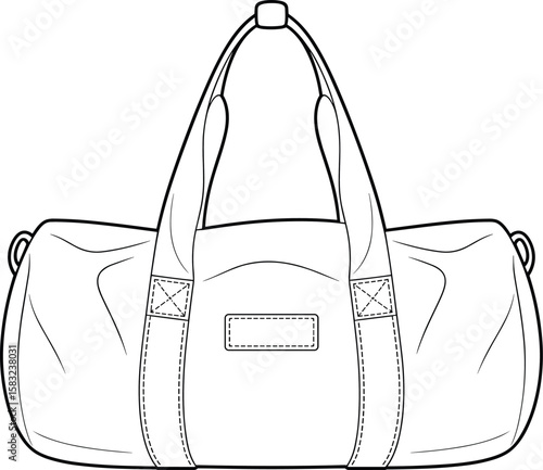 Technical illustration of Everlast duffle gym bag, sports carry case, durable fitness gear luggage, detailed black white sketch