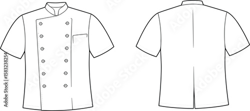PrintProfessional chef uniform short sleeve white coat design, double breasted button front, restaurant kitchen apparel, technical fashion sketch