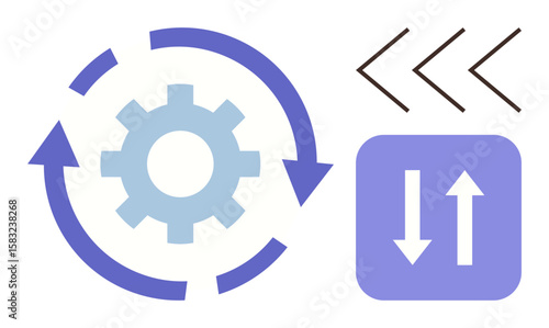 Gear with rotating arrows, two arrows indicating direction, and chevron lines suggesting steps or flow. Ideal for workflow, process efficiency, automation, progress, data exchange, strategy