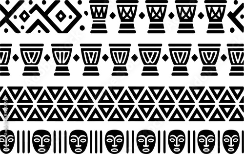 Collection of stylized black and white tribal patterns featuring drums geometric shapes and african masks for cultural design elements