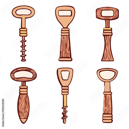 Six wooden bottle openers illustrated corkscrews antique style