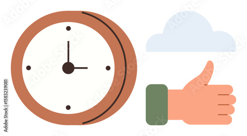 Analog clock representing time, thumbs-up for positivity, and cloud for flexibility. Ideal for time management, success, optimism, productivity, scheduling, prioritization simple flat metaphor