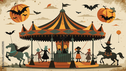 A whimsical halloween carousel with pumpkins, bats, and children dressed in costume riding horses