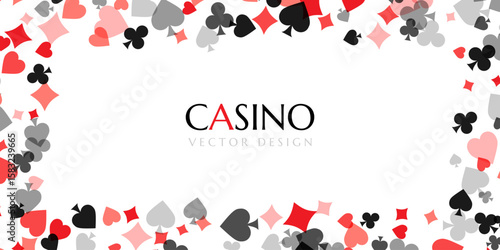 Casino poker background. Vector banner with frame from falling card symbols.