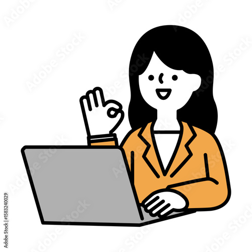 パソコンに向かってポジティブなポーズをとる笑顔のビジネスパーソン女性のイラスト素材