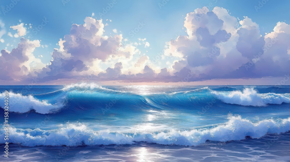 Fototapeta premium Watercolor ocean waves. Blue water background.