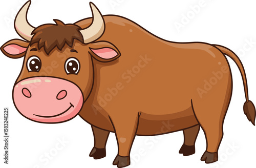 Cute cartoon bull character illustration, smiling ox vector drawing, farm animal mascot art, funny brown cow with pink nose, adorable livestock for kids media