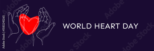 Minimalist illustration, red heart held by hands on dark indigo background, one line drawing concept of love, protection, health, support, cardiology awareness banner. World Heart Day, September 29th