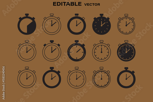 Collection of various stopwatch icons in black and white on a brown background editable vector