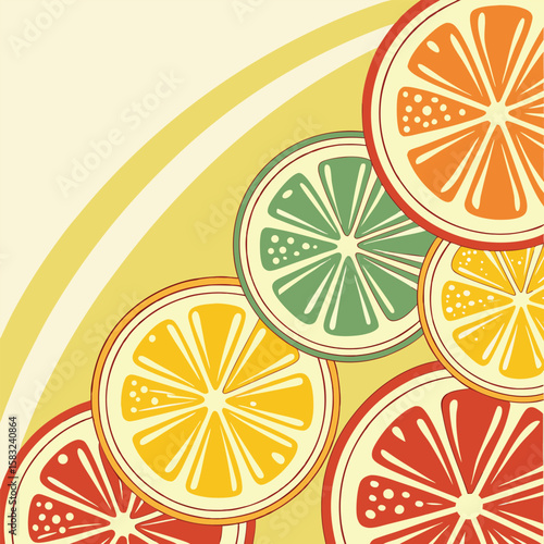 Illustration of colorful citrus fruit slices arranged in a corner with yellow background design effect