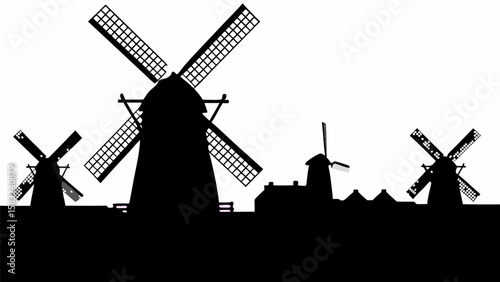 Silhouette of windmills and buildings against a white background in a rural landscape view image