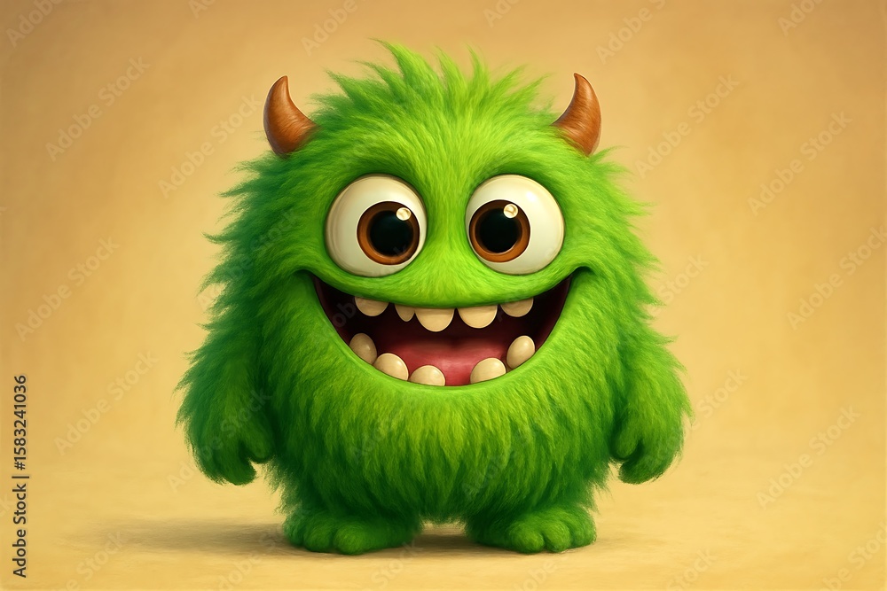 Naklejka premium Fuzzy green monster with big eyes and a wide smile