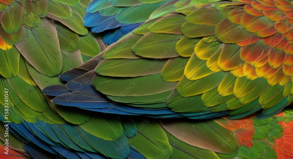Fototapeta premium Close Up Of Vibrant Parrot Feathers Showing Intricate Green Blue Red And Yellow Patterns