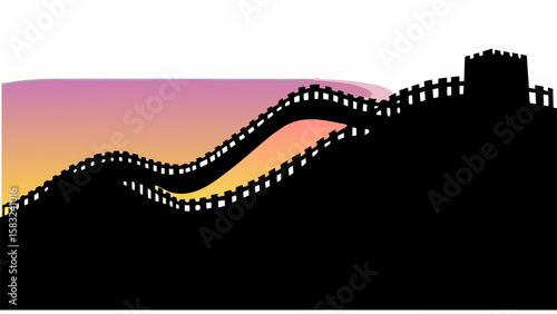 Illustration of the great wall of china silhouette with a colorful sunset in the background view