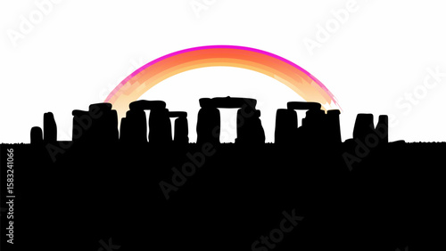 Silhouette of stonehenge with a rainbow arching over the ancient monument on a white background scene