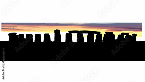 Silhouette of stonehenge at sunset with colorful sky and dark ground in a horizontal composition