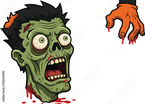 Scary cartoon zombie head, horror monster face, dripping blood illustration, Halloween undead character, green skin zombie, creepy severed head, gory cartoon style artwork.