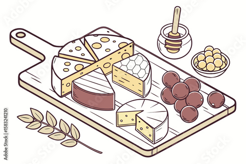 Assortment of cheeses with grapes and honey on a wooden board in a stylized illustration