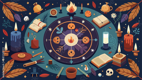 A whimsical illustration of a magical altar setup with candles, books, and a central fire circle
