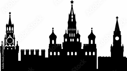 Silhouette of a russian kremlin castle with towers and spires against a white background view from afar
