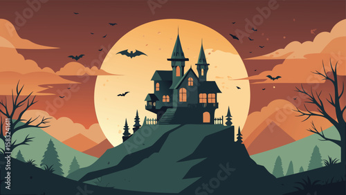 Haunted house on a hill under a full moon with bats flying around in a spooky halloween landscape scene