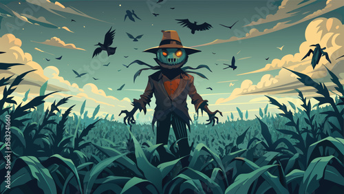 A scarecrow with a pumpkin head stands in a cornfield under a sky filled with flying birds at dusk