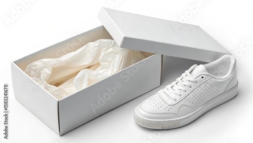 A white sneaker sits next to an open white box filled with tissue paper, on a white background.