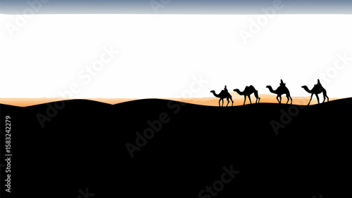 Silhouette of a camel caravan traveling across the desert landscape under a cloudy sky at daytime