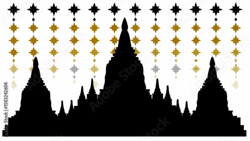 Silhouette of temple complex with star decorations hanging above the structures in black and gold colors