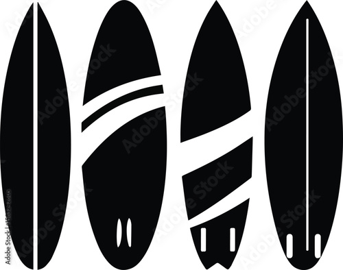 Create a kinds of deferent Surfboards on ocean beach vector art silhouette with white background 