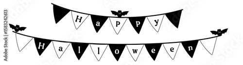 Happy Halloween！コウモリ付きガーランド　モノクロ