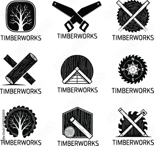 Create a kinds of deferent Timberworks monochrome emblem vector art with white background.
