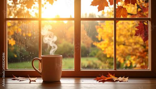 A cozy window view of a rainy autumn landscape, featuring a steaming mug on the sill and vibrant fall foliage outside.