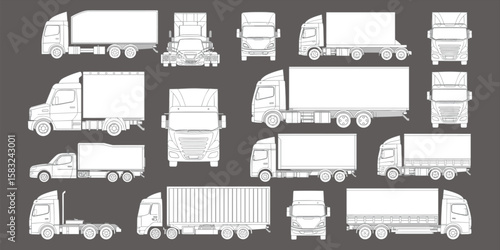 Truck vector illustrations, cargo transport graphics, delivery vehicle sketches, logistics truck drawings, freight vehicle collection, commercial truck design, transportation fleet vector, 