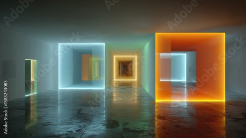 Vibrant Room with Colorful Lighting and Extended Hallway Creating a Unique and Inviting Atmosphere