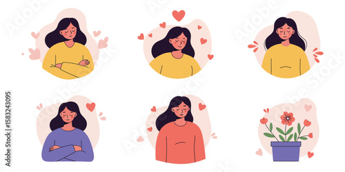 Modern flat style female characters in stylish outfits with abstract backgrounds