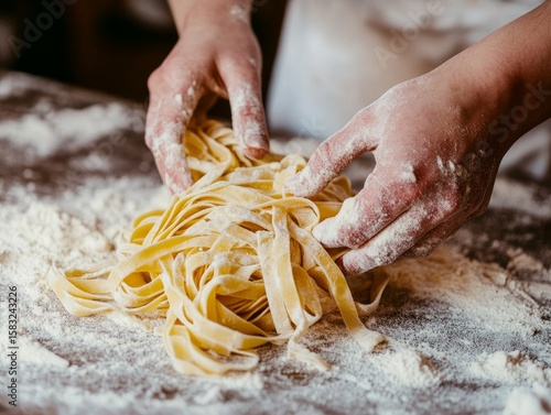 Hands making fresh homemade pasta on a floured countertop
