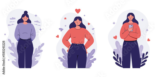 Modern flat style portraits of women with smartphone and heart elements