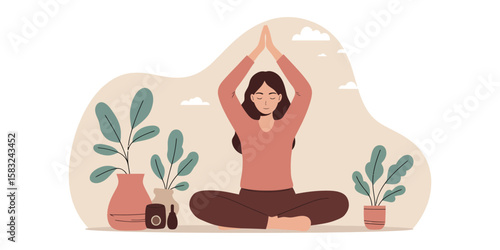 Woman practicing yoga with plants in peaceful flat design scene