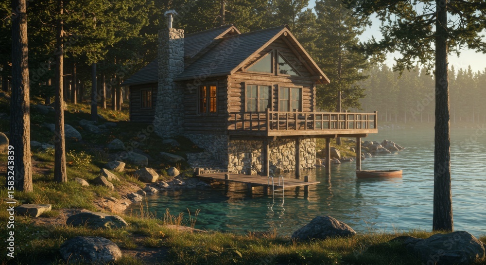 Fototapeta premium Rustic Wooden Cabin on a Tranquil Lake at Sunset