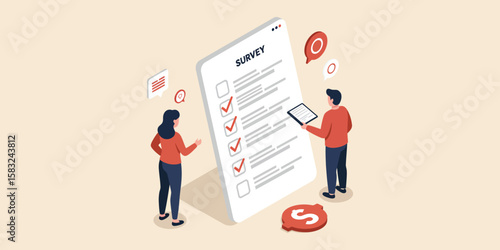 Isometric survey concept with people analyzing checklist and data