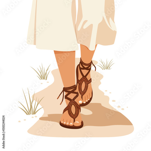 Woman walking in leather sandals on a path in the desert landscape
